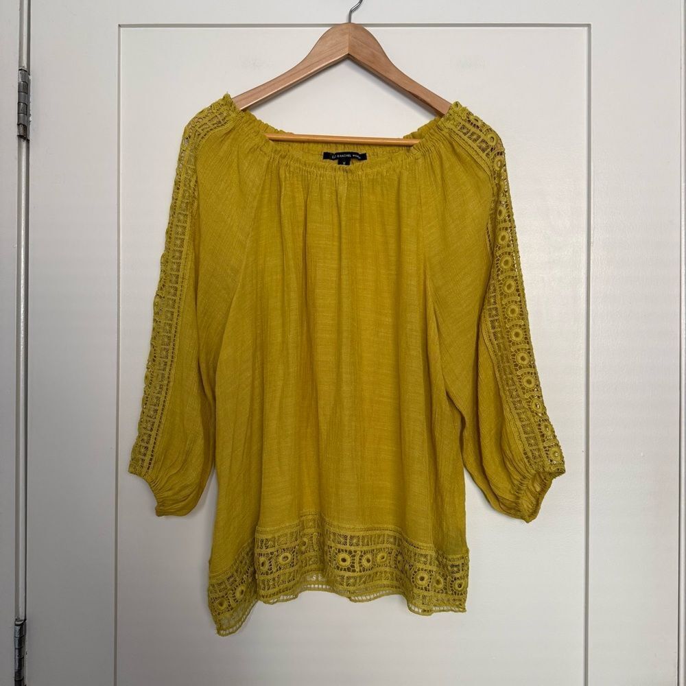 Zac & Rachel Top Blouse Womens Plus Sz 1X Yellow Crochet 3/4 Sleeve Boho Peasant